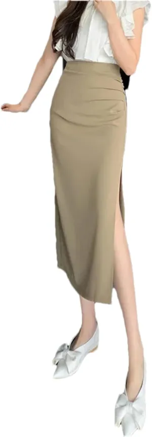Women's High Waist Side Split Office Wrap Skirts Summer Solid Pleated Straight Midi Skirts
