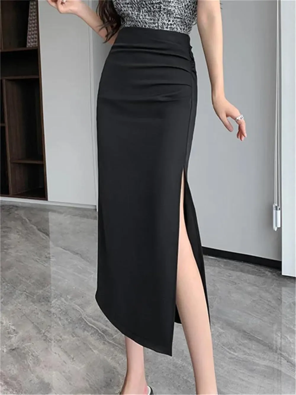 Women's High Waist Side Split Office Wrap Skirts Summer Solid Pleated Straight Midi Skirts