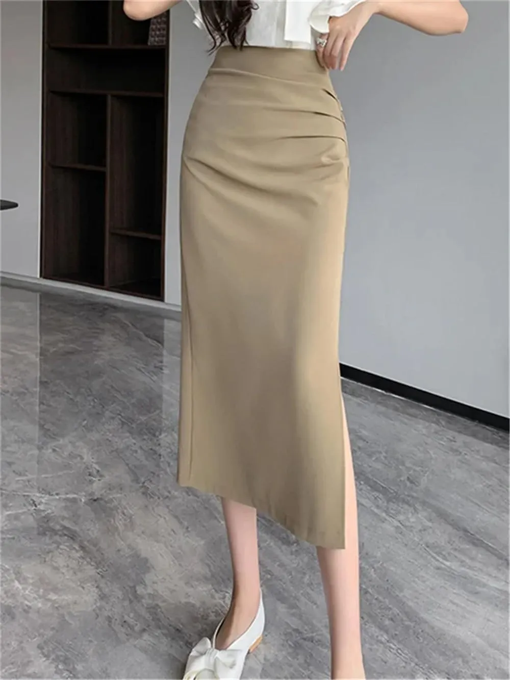 Women's High Waist Side Split Office Wrap Skirts Summer Solid Pleated Straight Midi Skirts