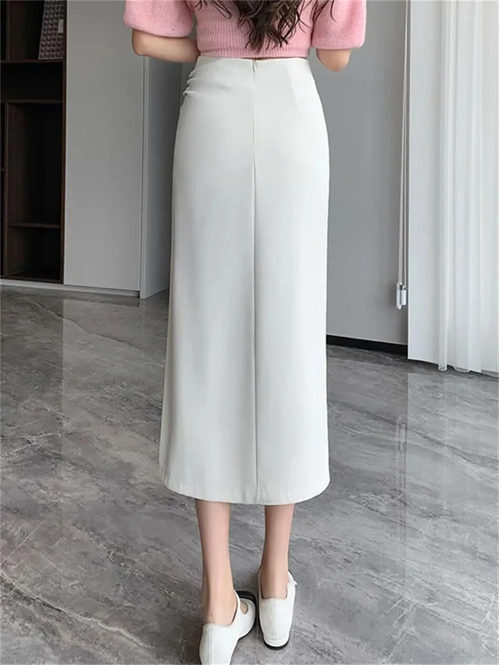 Women's High Waist Side Split Office Wrap Skirts Summer Solid Pleated Straight Midi Skirts