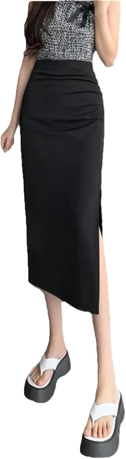 Women's High Waist Side Split Office Wrap Skirts Summer Solid Pleated Straight Midi Skirts