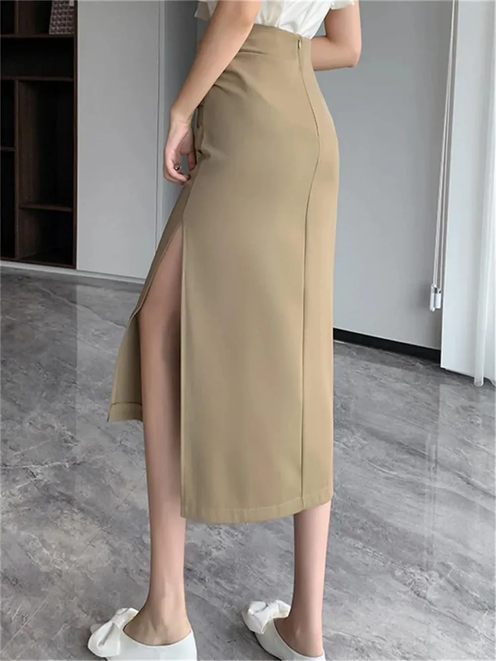 Women's High Waist Side Split Office Wrap Skirts Summer Solid Pleated Straight Midi Skirts