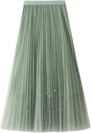 Women's High Waist Slim Fit A-Line Skirt Solid Color Pleated Casual Midi Skirt