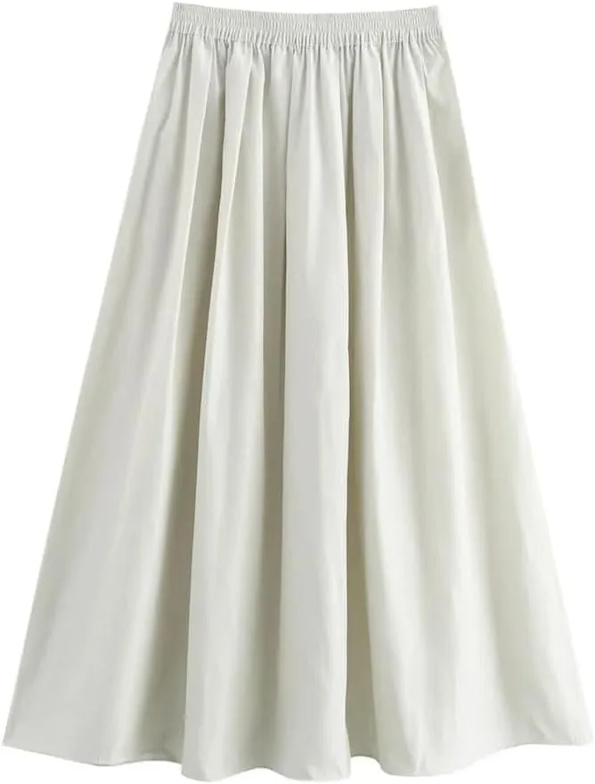 Women's High - Waist Solid - Color Loose Pleated Midi Skirt Simple and Casual for Women's Midi Skirt