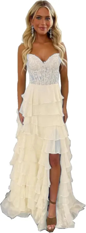 Women's Lace Applique Long Ball Dress Strapless Chiffon Formal Evening Dress with Slit