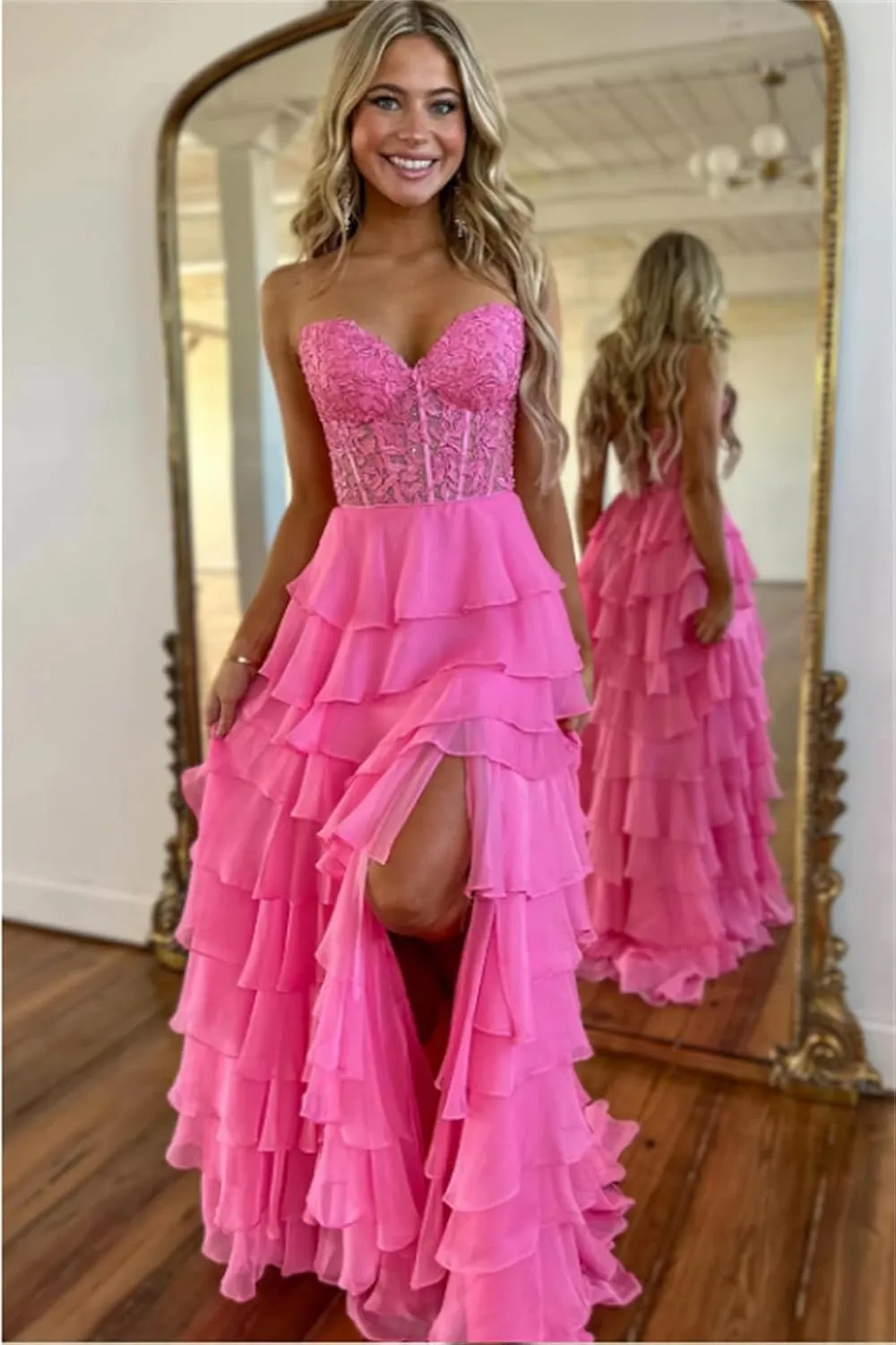 Women's Lace Applique Long Ball Dress Strapless Chiffon Formal Evening Dress with Slit