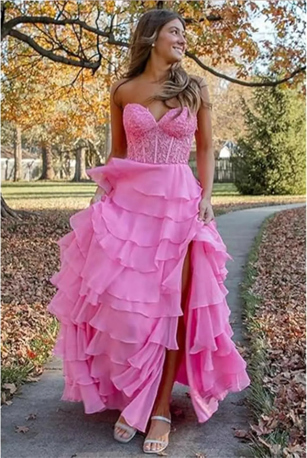 Women's Lace Applique Long Ball Dress Strapless Chiffon Formal Evening Dress with Slit