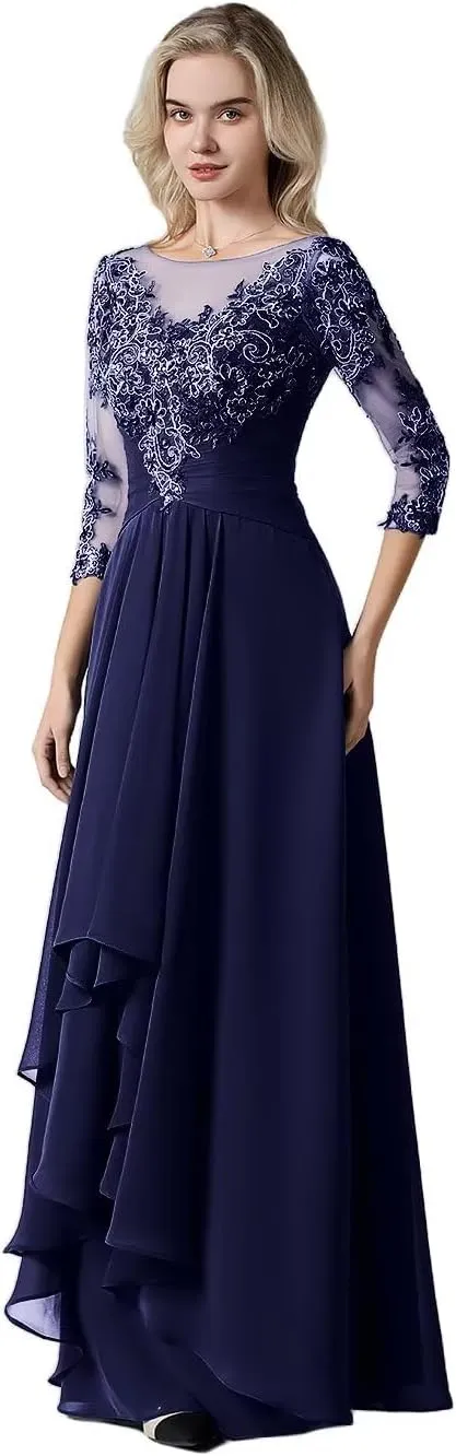 Women's Lace Chiffon Mother of The Bride Dresses for Wedding Long Scoop Neck Ruched Ruffle Formal Evening Gown