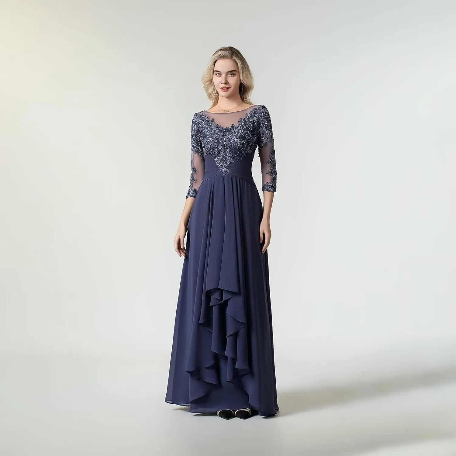 Women's Lace Chiffon Mother of The Bride Dresses for Wedding Long Scoop Neck Ruched Ruffle Formal Evening Gown