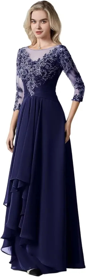 Women's Lace Chiffon Mother of The Bride Dresses for Wedding Long Scoop Neck Ruched Ruffle Formal Evening Gown