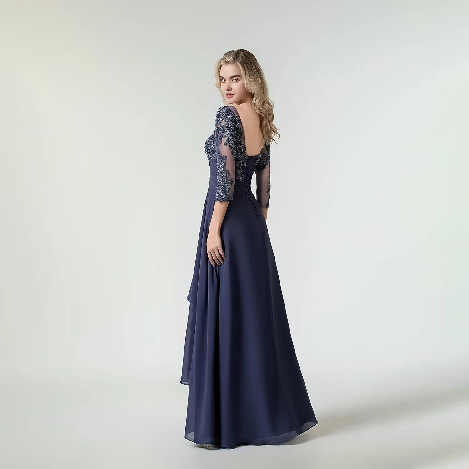 Women's Lace Chiffon Mother of The Bride Dresses for Wedding Long Scoop Neck Ruched Ruffle Formal Evening Gown
