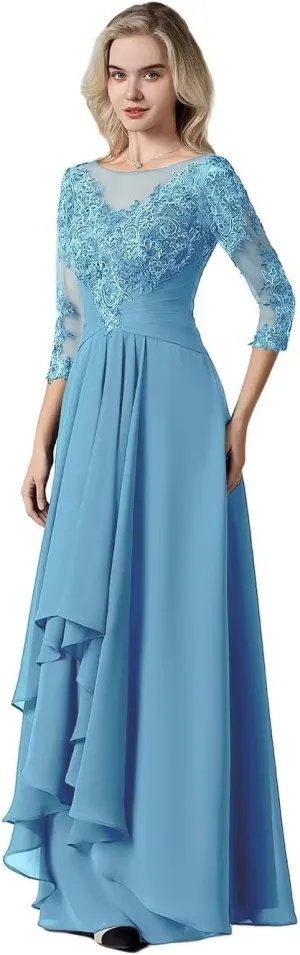 Women's Lace Chiffon Mother of The Bride Dresses for Wedding Long Scoop Neck Ruched Ruffle Formal Evening Gown