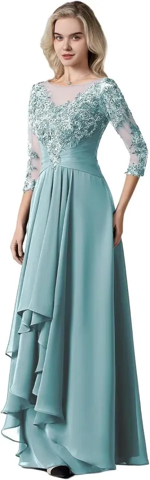 Women's Lace Chiffon Mother of The Bride Dresses for Wedding Long Scoop Neck Ruched Ruffle Formal Evening Gown