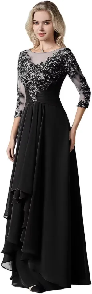 Women's Lace Chiffon Mother of The Bride Dresses for Wedding Long Scoop Neck Ruched Ruffle Formal Evening Gown