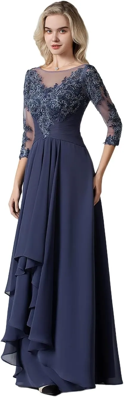 Women's Lace Chiffon Mother of The Bride Dresses for Wedding Long Scoop Neck Ruched Ruffle Formal Evening Gown