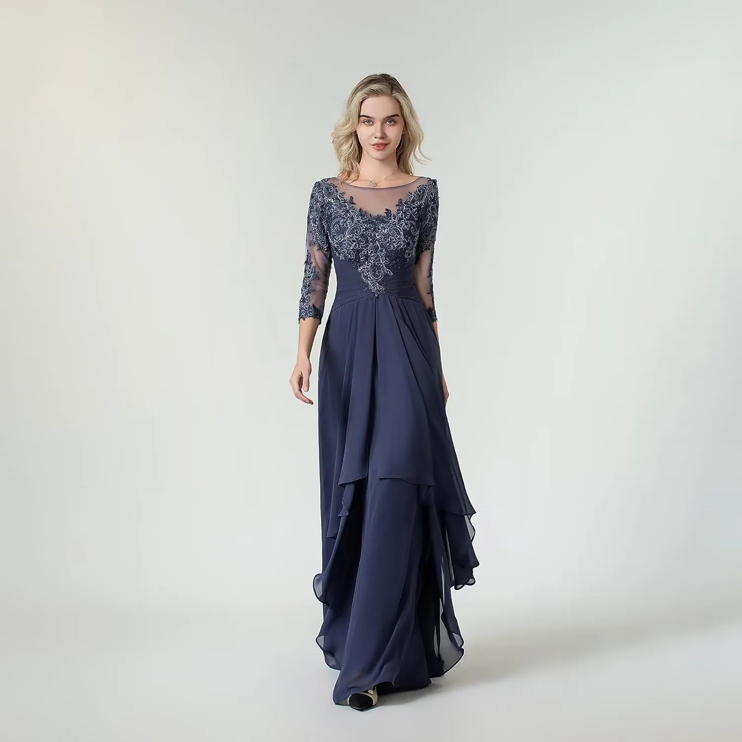 Women's Lace Chiffon Mother of The Bride Dresses for Wedding Long Scoop Neck Ruched Ruffle Formal Evening Gown