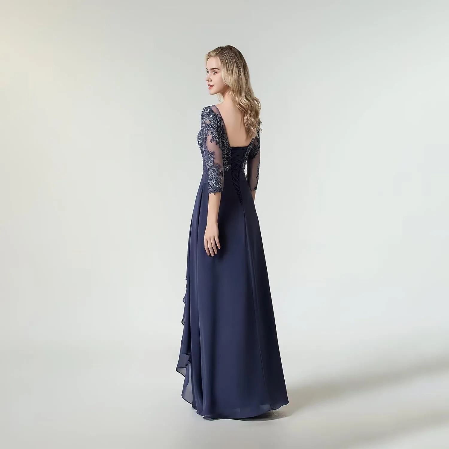 Women's Lace Chiffon Mother of The Bride Dresses for Wedding Long Scoop Neck Ruched Ruffle Formal Evening Gown