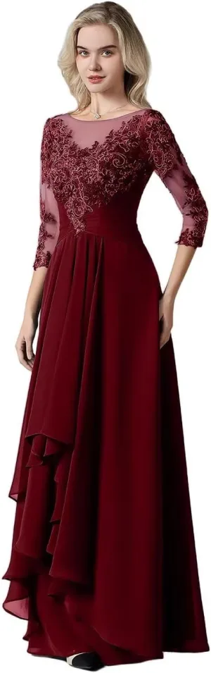 Women's Lace Chiffon Mother of The Bride Dresses for Wedding Long Scoop Neck Ruched Ruffle Formal Evening Gown