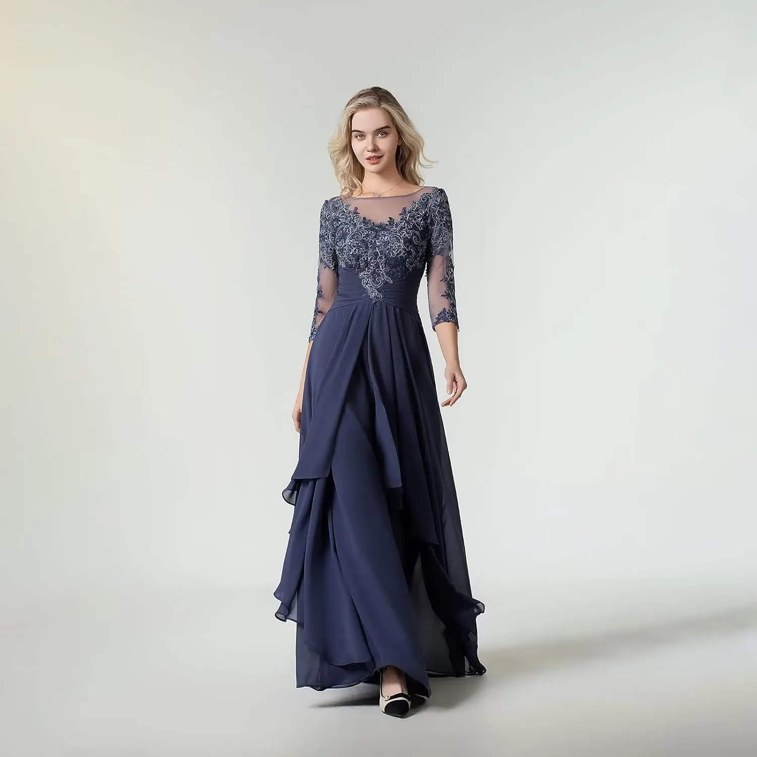 Women's Lace Chiffon Mother of The Bride Dresses for Wedding Long Scoop Neck Ruched Ruffle Formal Evening Gown