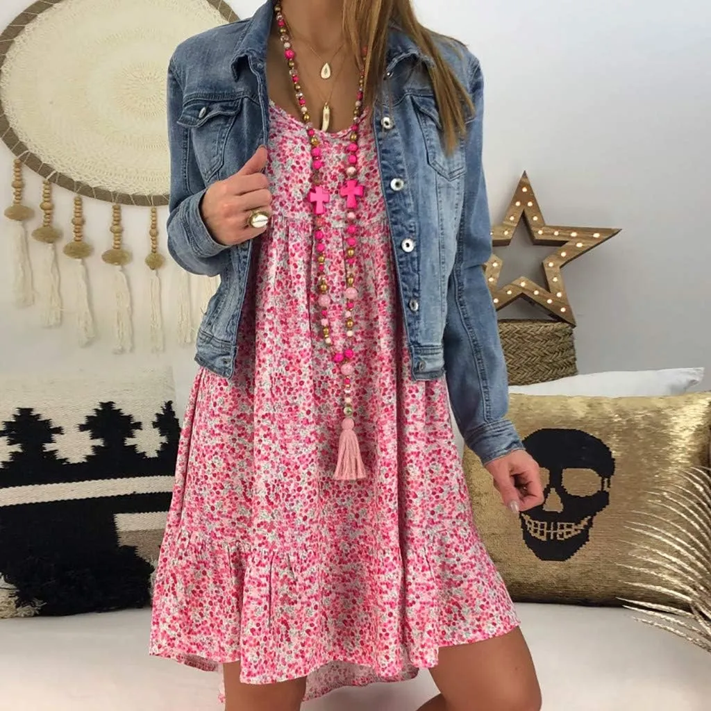 Women's Ladies Sexy Loose Print Hlaf Sleeve Ruffles Mini Dress Summer Dress Ruffle Sleeve Dress for Women Casual