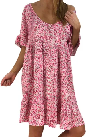 Women's Ladies Sexy Loose Print Hlaf Sleeve Ruffles Mini Dress Summer Dress Ruffle Sleeve Dress for Women Casual