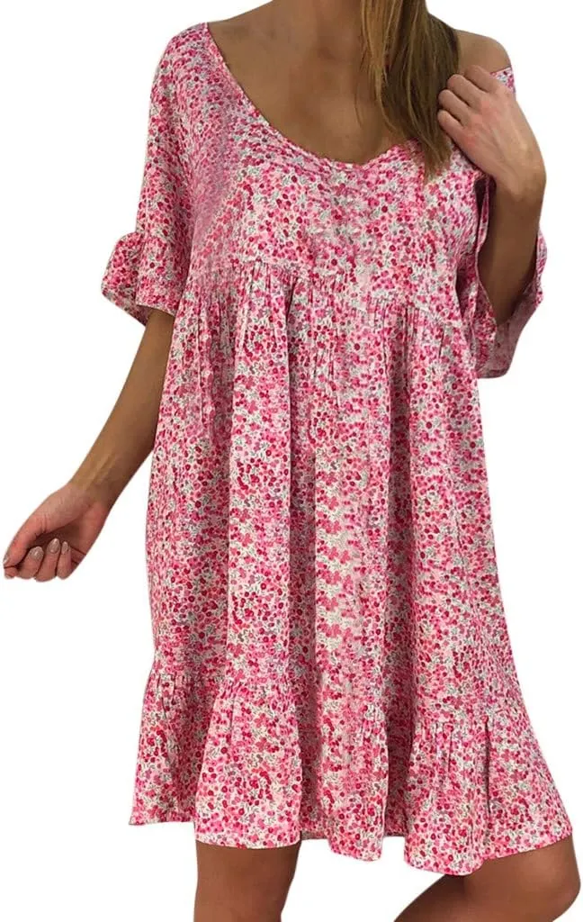 Women's Ladies Sexy Loose Print Hlaf Sleeve Ruffles Mini Dress Summer Dress Ruffle Sleeve Dress for Women Casual