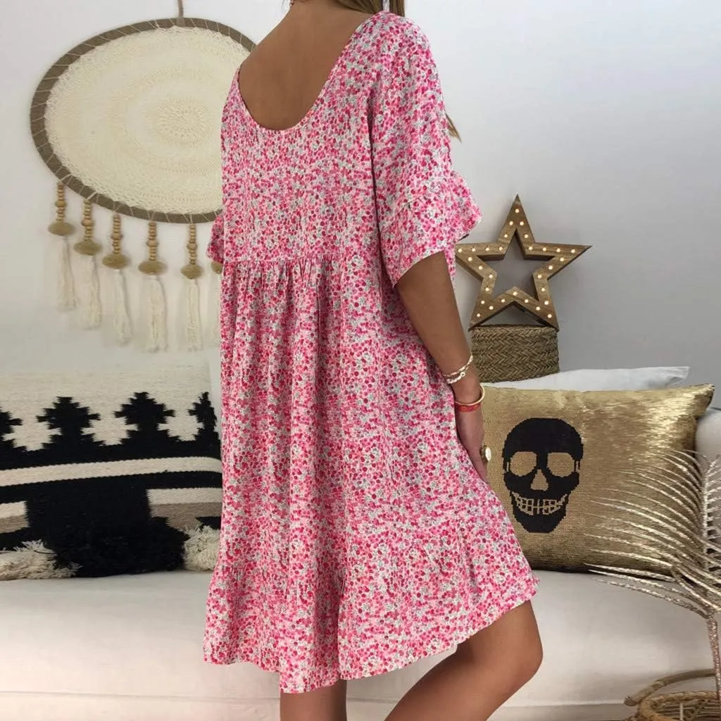 Women's Ladies Sexy Loose Print Hlaf Sleeve Ruffles Mini Dress Summer Dress Ruffle Sleeve Dress for Women Casual
