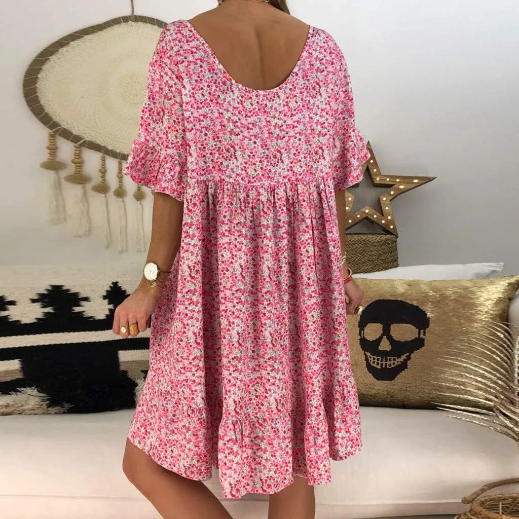 Women's Ladies Sexy Loose Print Hlaf Sleeve Ruffles Mini Dress Summer Dress Ruffle Sleeve Dress for Women Casual