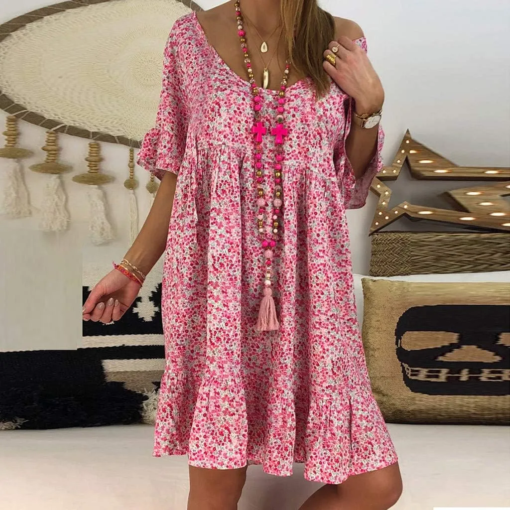 Women's Ladies Sexy Loose Print Hlaf Sleeve Ruffles Mini Dress Summer Dress Ruffle Sleeve Dress for Women Casual