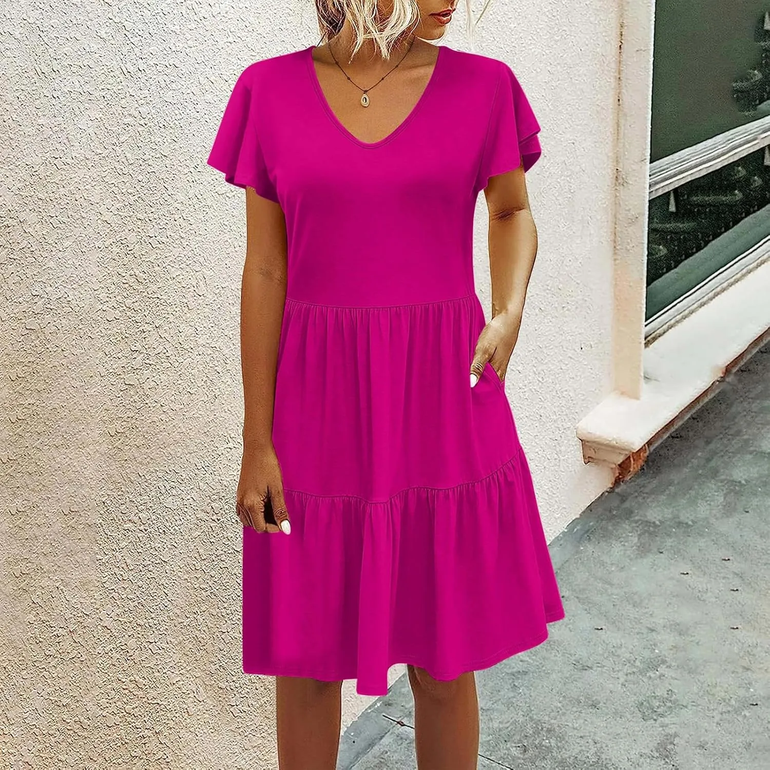 Womens Layered Dresses Ruffle Short Sleeve V Neck Dress Fashion Trending Swing Mini Dress A-Line Outfits