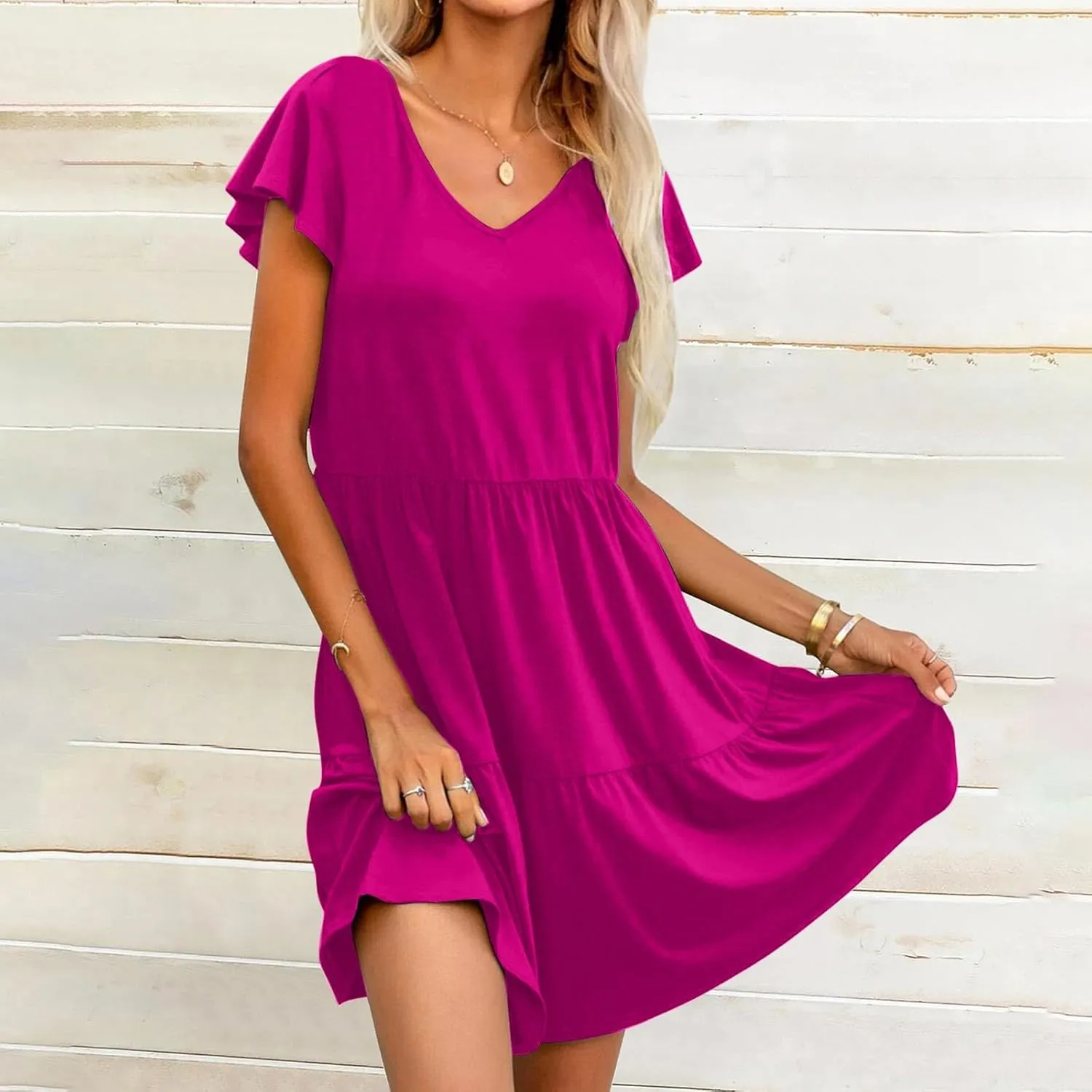 Womens Layered Dresses Ruffle Short Sleeve V Neck Dress Fashion Trending Swing Mini Dress A-Line Outfits