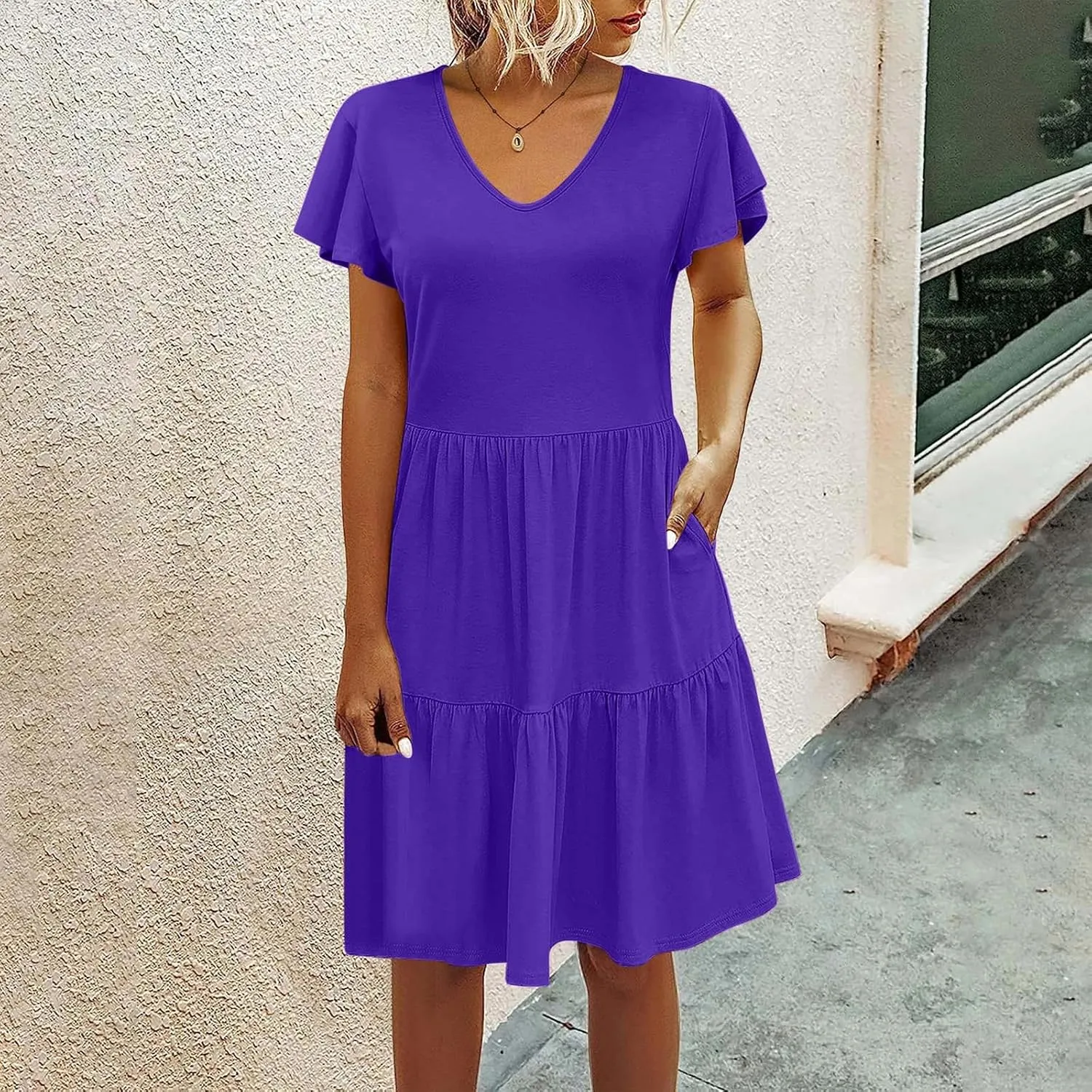 Womens Layered Dresses Ruffle Short Sleeve V Neck Dress Fashion Trending Swing Mini Dress A-Line Outfits