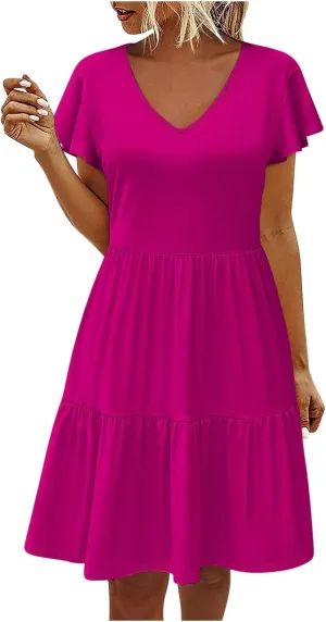 Womens Layered Dresses Ruffle Short Sleeve V Neck Dress Fashion Trending Swing Mini Dress A-Line Outfits