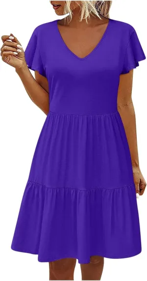 Womens Layered Dresses Ruffle Short Sleeve V Neck Dress Fashion Trending Swing Mini Dress A-Line Outfits