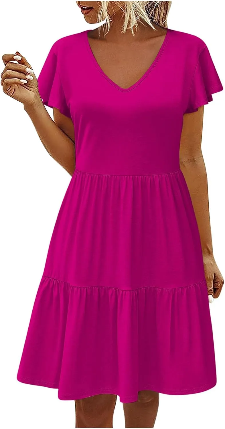 Womens Layered Dresses Ruffle Short Sleeve V Neck Dress Fashion Trending Swing Mini Dress A-Line Outfits