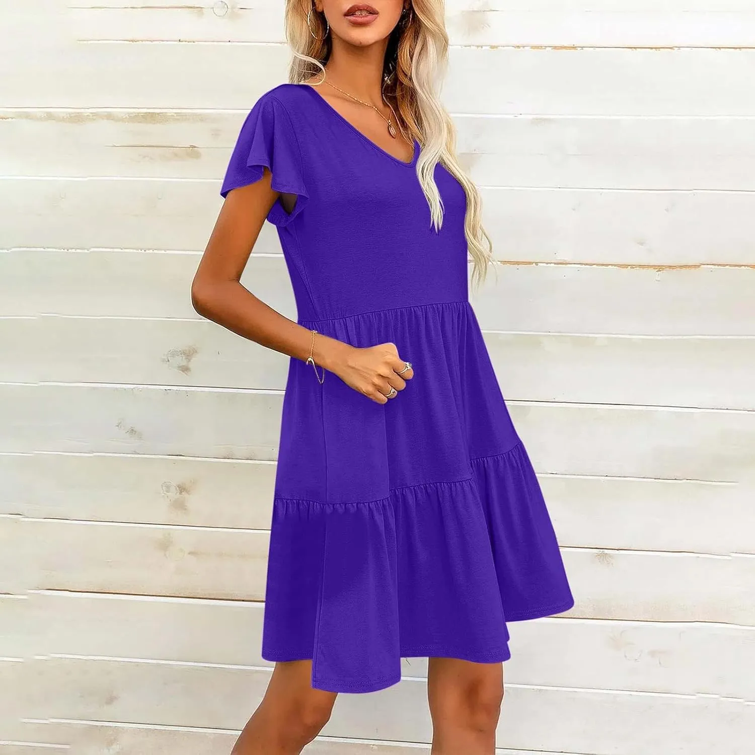 Womens Layered Dresses Ruffle Short Sleeve V Neck Dress Fashion Trending Swing Mini Dress A-Line Outfits