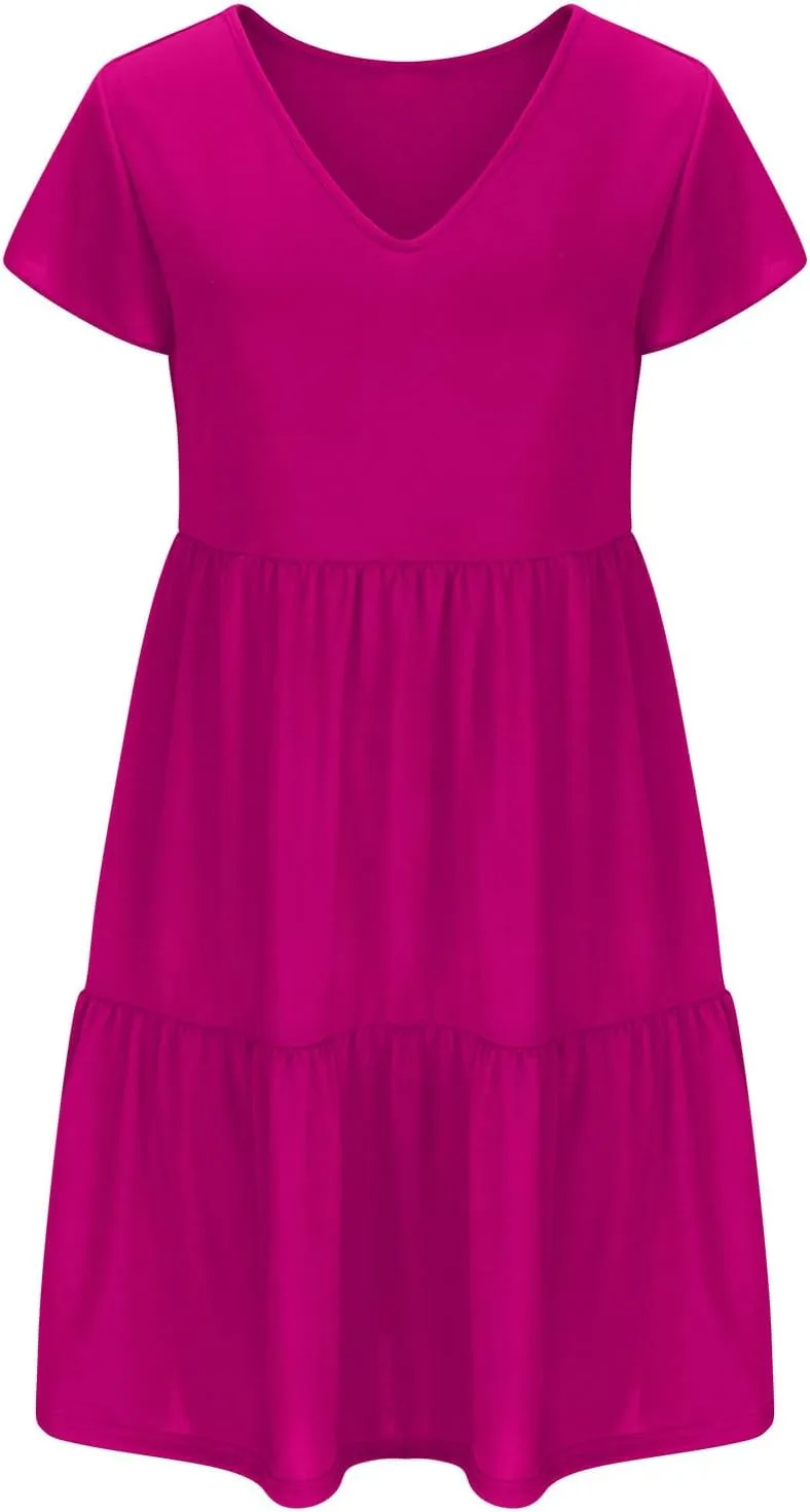 Womens Layered Dresses Ruffle Short Sleeve V Neck Dress Fashion Trending Swing Mini Dress A-Line Outfits