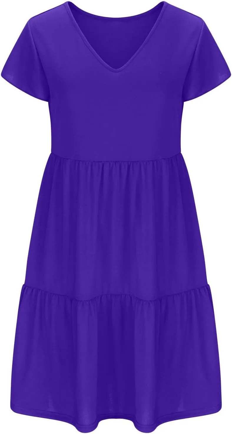 Womens Layered Dresses Ruffle Short Sleeve V Neck Dress Fashion Trending Swing Mini Dress A-Line Outfits