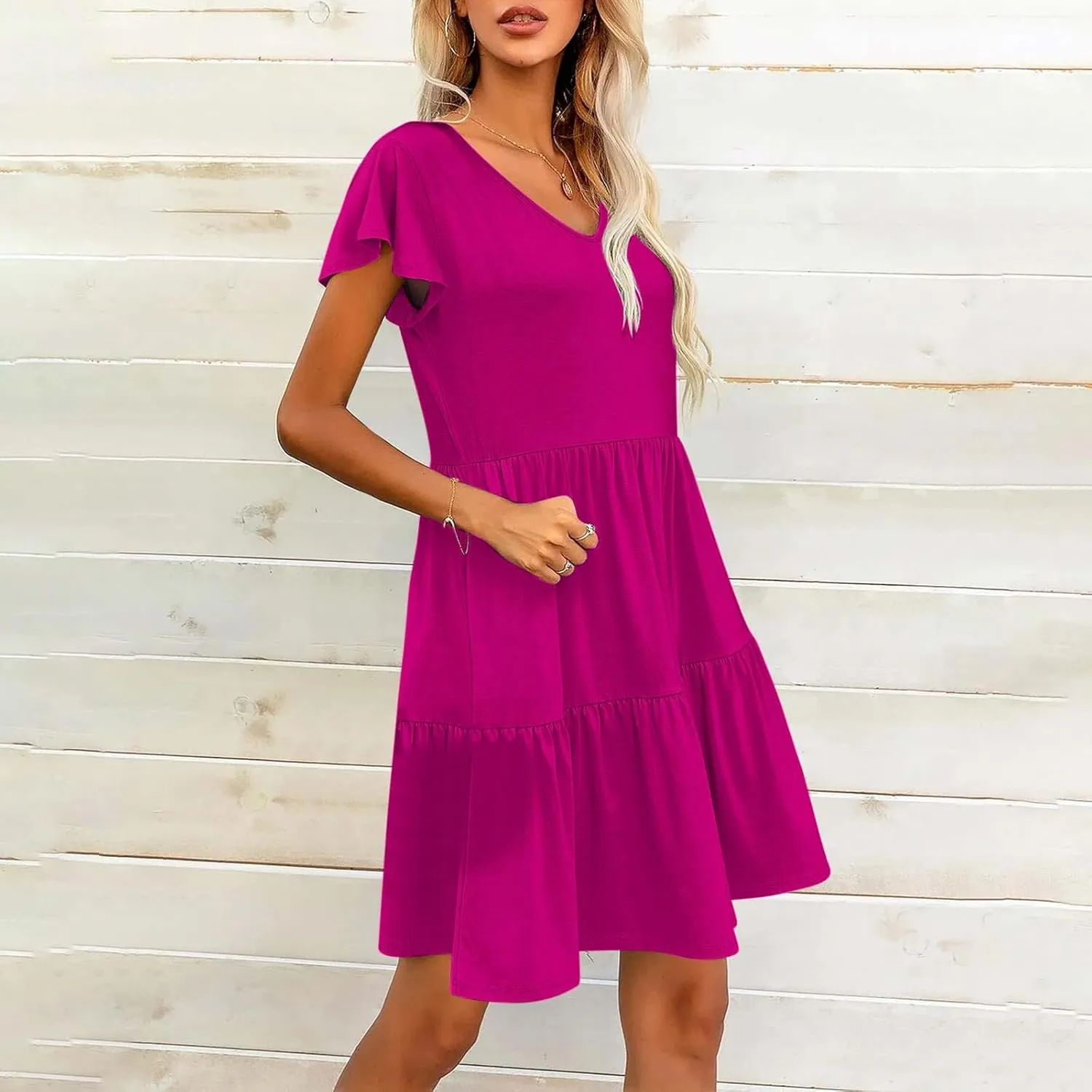 Womens Layered Dresses Ruffle Short Sleeve V Neck Dress Fashion Trending Swing Mini Dress A-Line Outfits