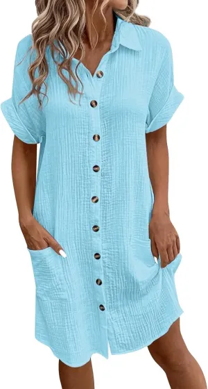 Women's Maxi Dress 2025 Summer Casual Loose Trendy V-Neck Short Sleeve Solid Linen Button Shirt Dresses, S-2XL