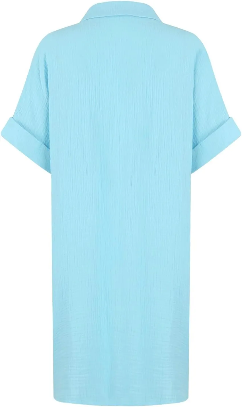 Women's Maxi Dress 2025 Summer Casual Loose Trendy V-Neck Short Sleeve Solid Linen Button Shirt Dresses, S-2XL