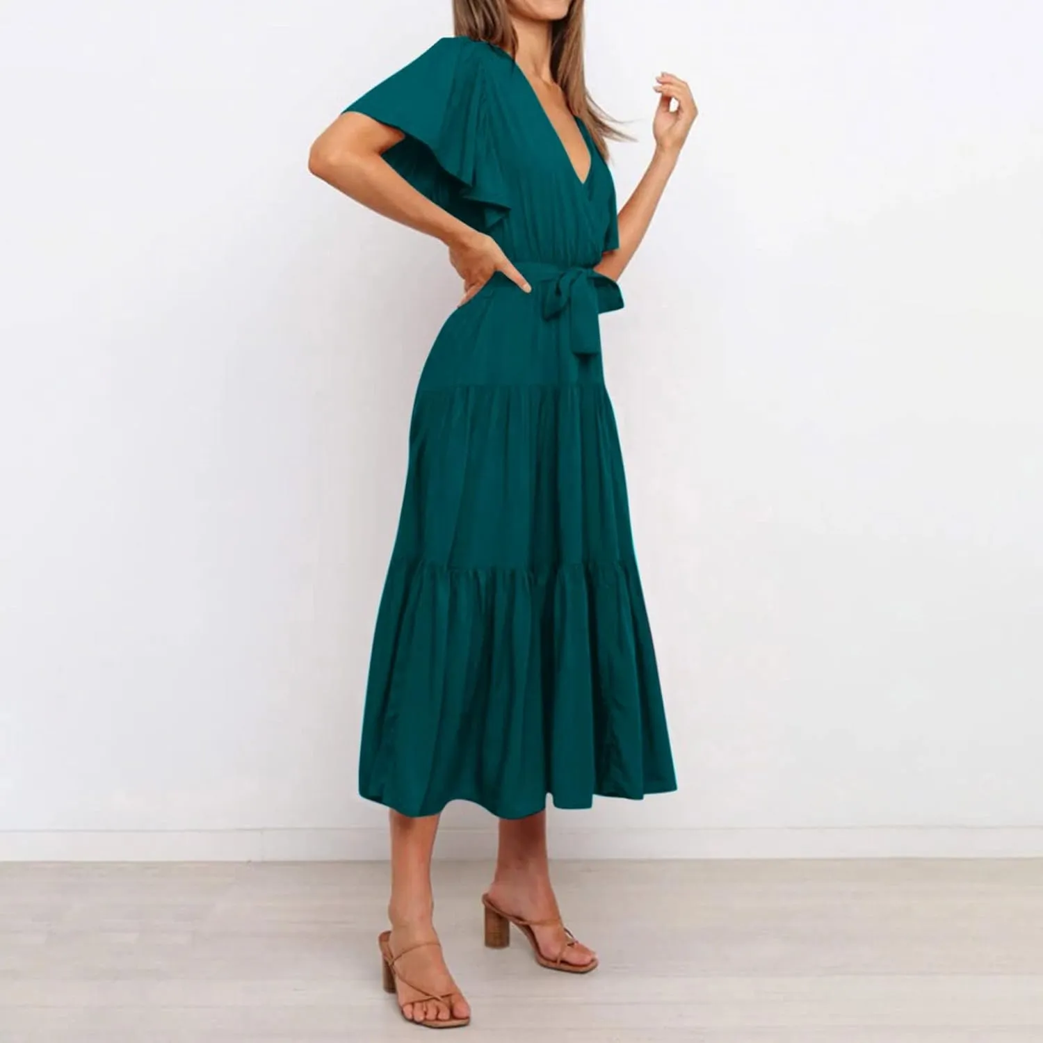 Women's Maxi Dress Summer Casual Loose Solid Color Dress 2024 Swing Waist V-Neck Short Sleeve Maxi Dresses, S-2XL