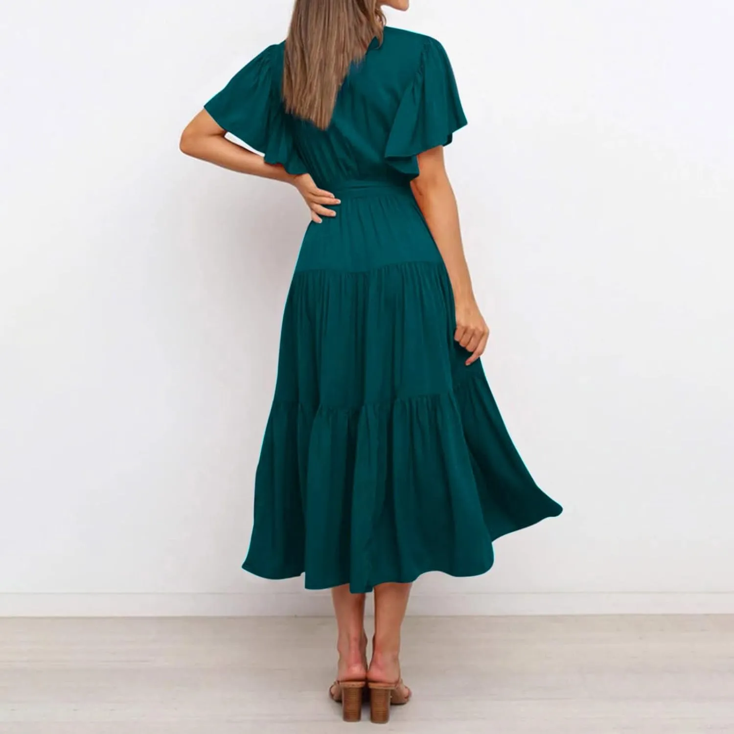 Women's Maxi Dress Summer Casual Loose Solid Color Dress 2024 Swing Waist V-Neck Short Sleeve Maxi Dresses, S-2XL