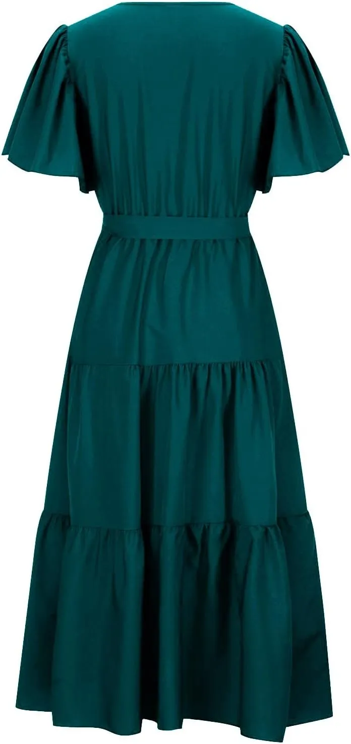 Women's Maxi Dress Summer Casual Loose Solid Color Dress 2024 Swing Waist V-Neck Short Sleeve Maxi Dresses, S-2XL