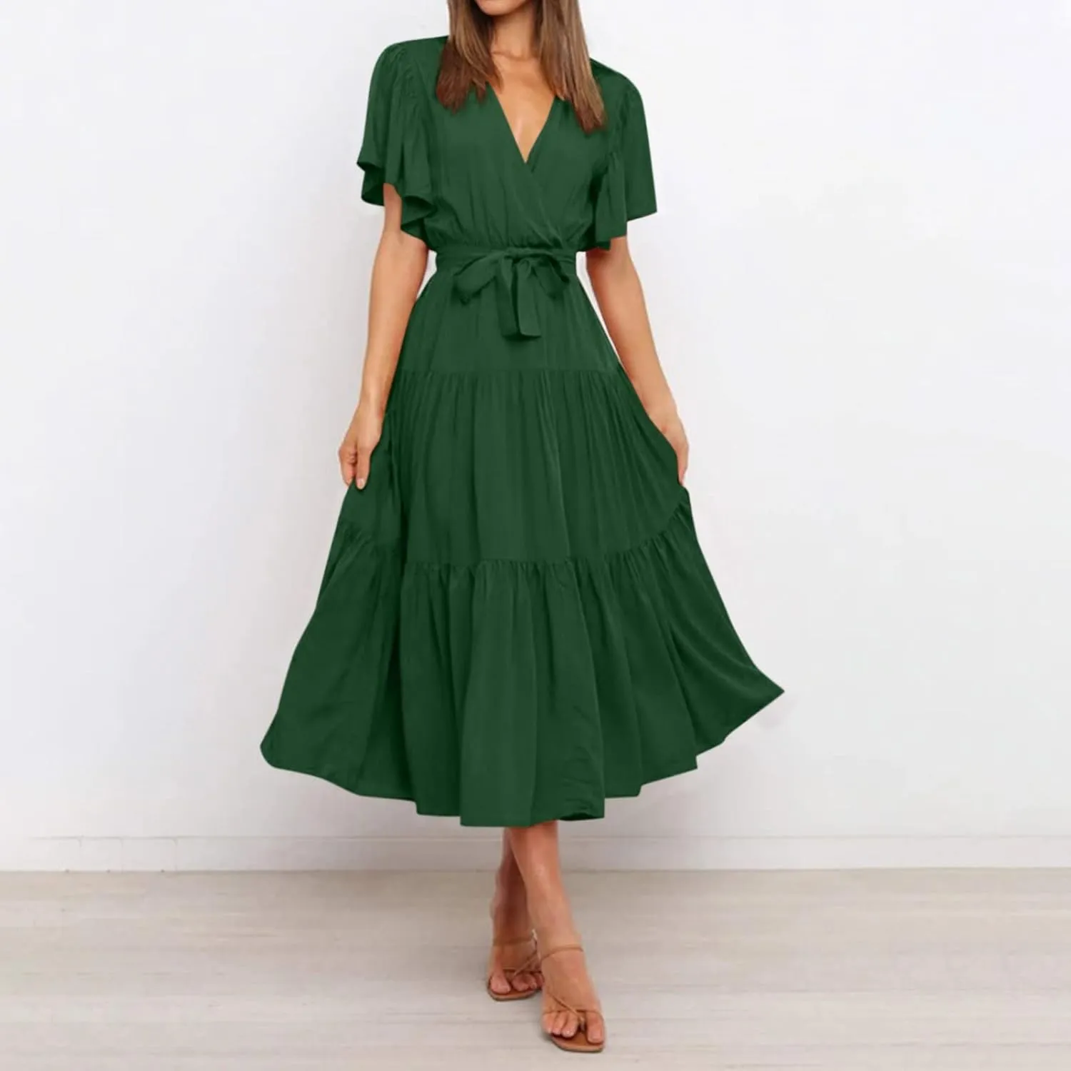 Women's Maxi Dress Summer Casual Loose Solid Color Dress 2024 Swing Waist V-Neck Short Sleeve Maxi Dresses, S-2XL