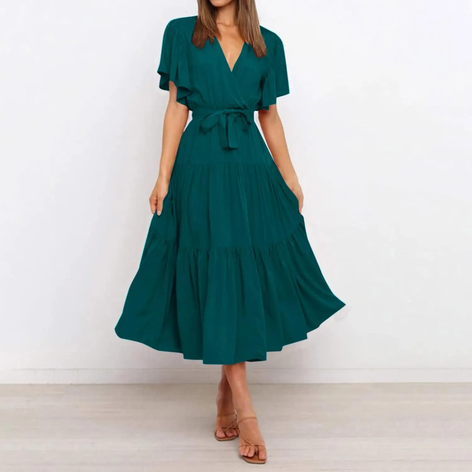 Women's Maxi Dress Summer Casual Loose Solid Color Dress 2024 Swing Waist V-Neck Short Sleeve Maxi Dresses, S-2XL