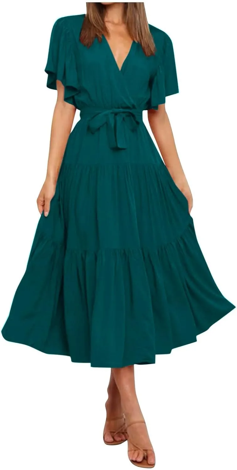 Women's Maxi Dress Summer Casual Loose Solid Color Dress 2024 Swing Waist V-Neck Short Sleeve Maxi Dresses, S-2XL