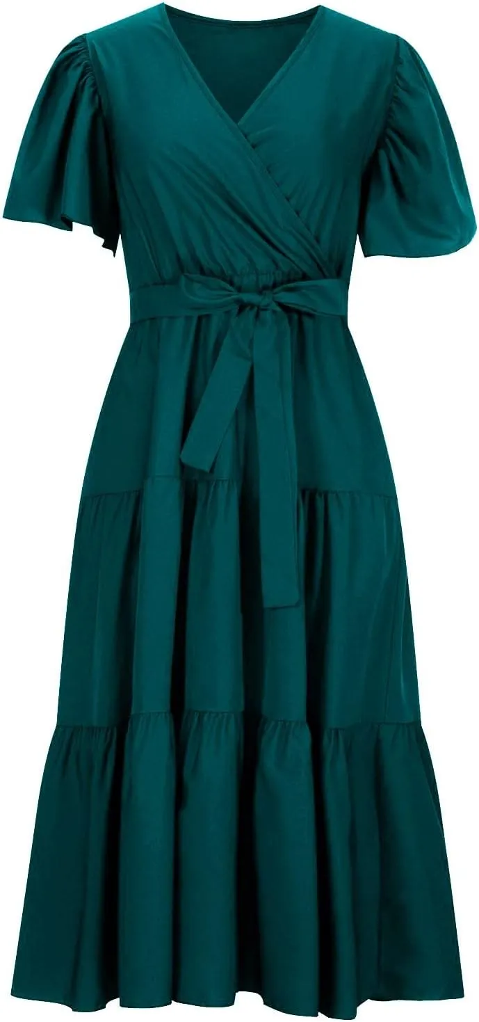 Women's Maxi Dress Summer Casual Loose Solid Color Dress 2024 Swing Waist V-Neck Short Sleeve Maxi Dresses, S-2XL