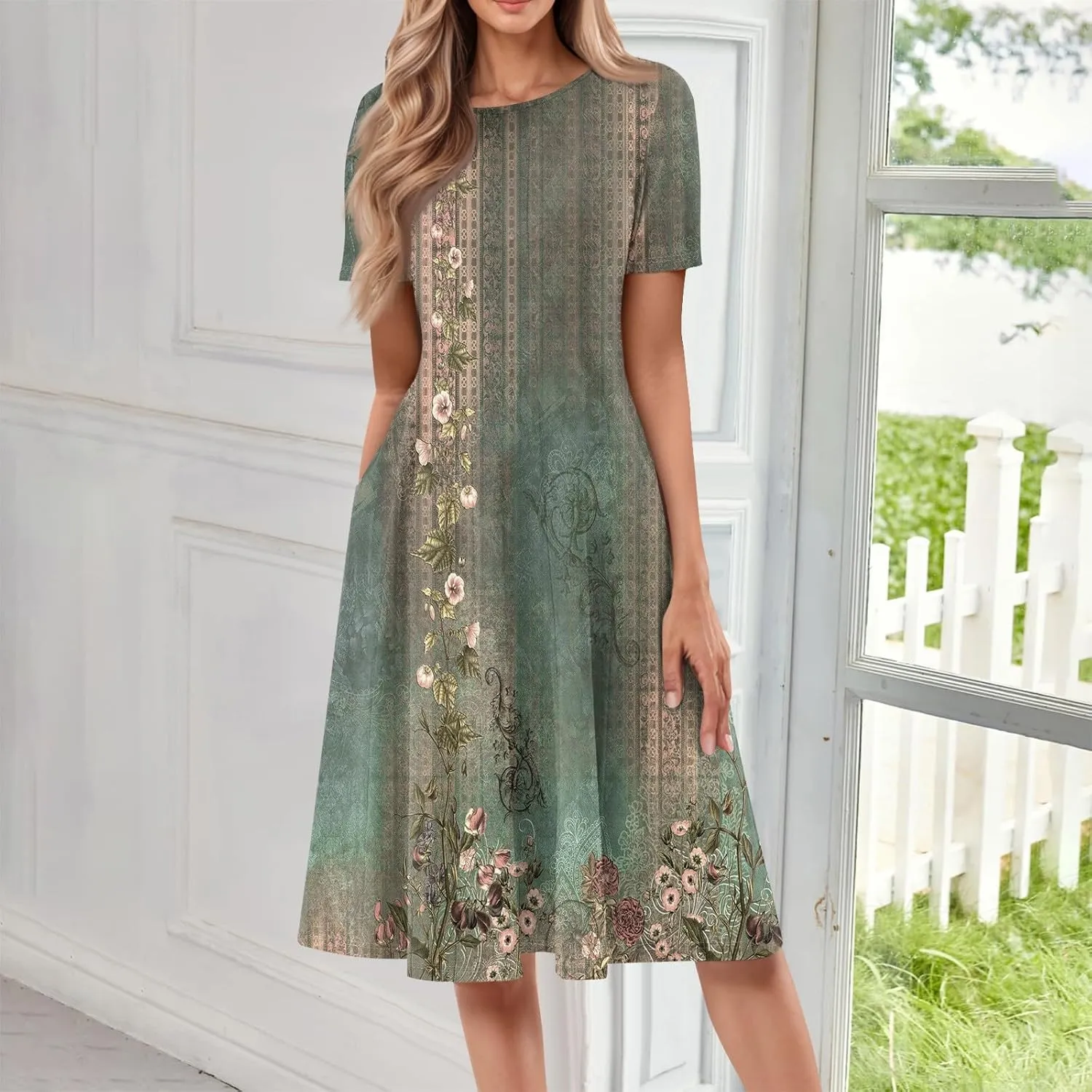 Women's Midi Dresses Summer Casual Loose Trendy Short Sleeve Crew Neck Floral Print Boho Dress 2025 Plus Size, S-3XL