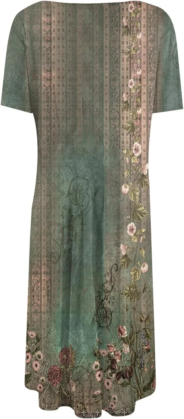 Women's Midi Dresses Summer Casual Loose Trendy Short Sleeve Crew Neck Floral Print Boho Dress 2025 Plus Size, S-3XL